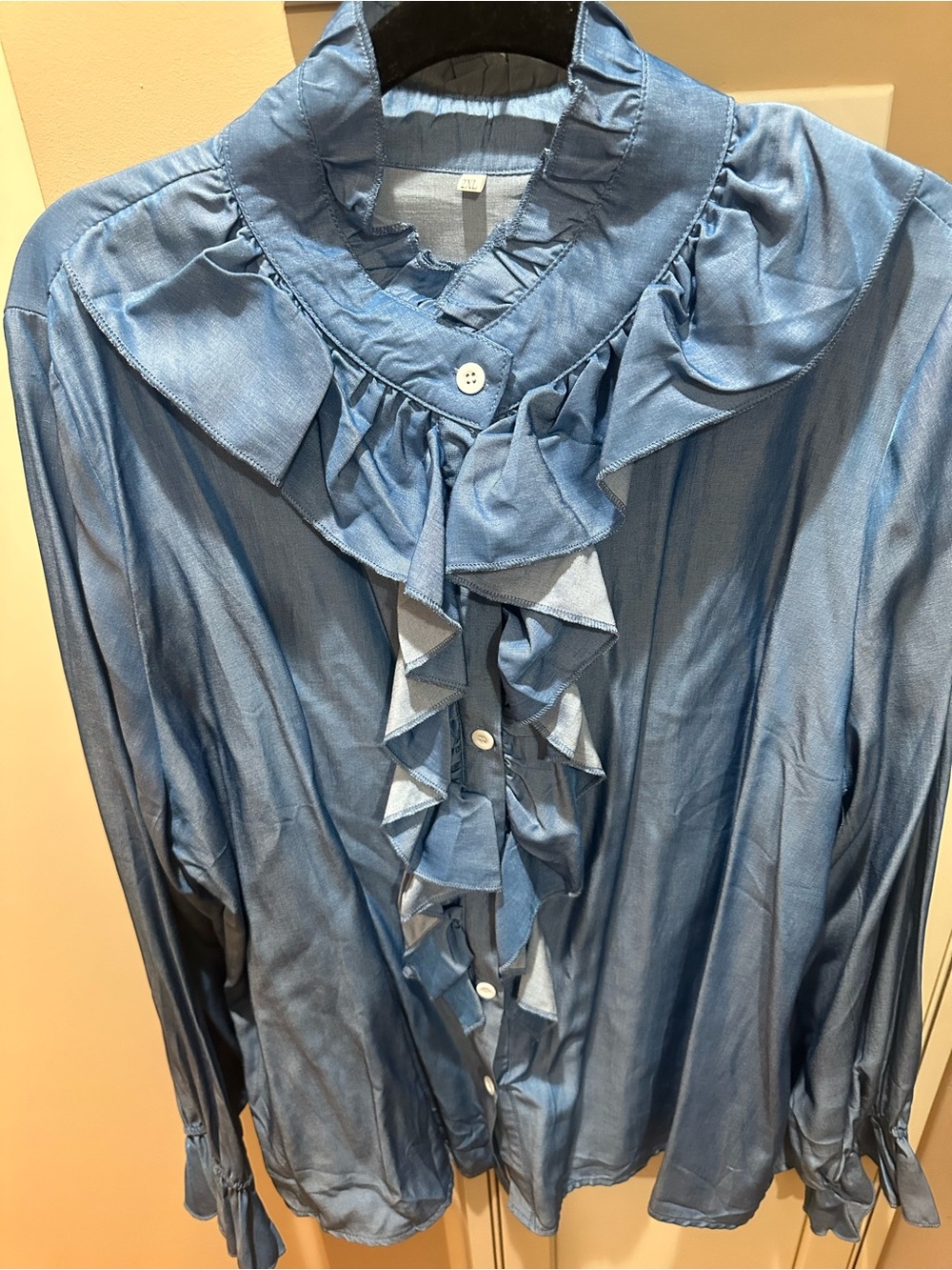 Women's Blue Ruffle-Front Blouse with High Collar